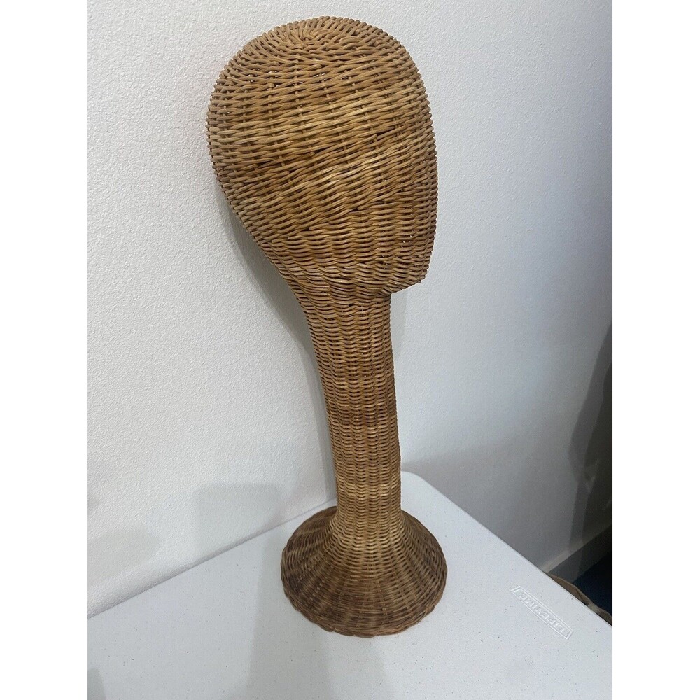 VTG Wicker Mannequin Head Hat Stand Natural Rattan Wig Store Display 24" Tall